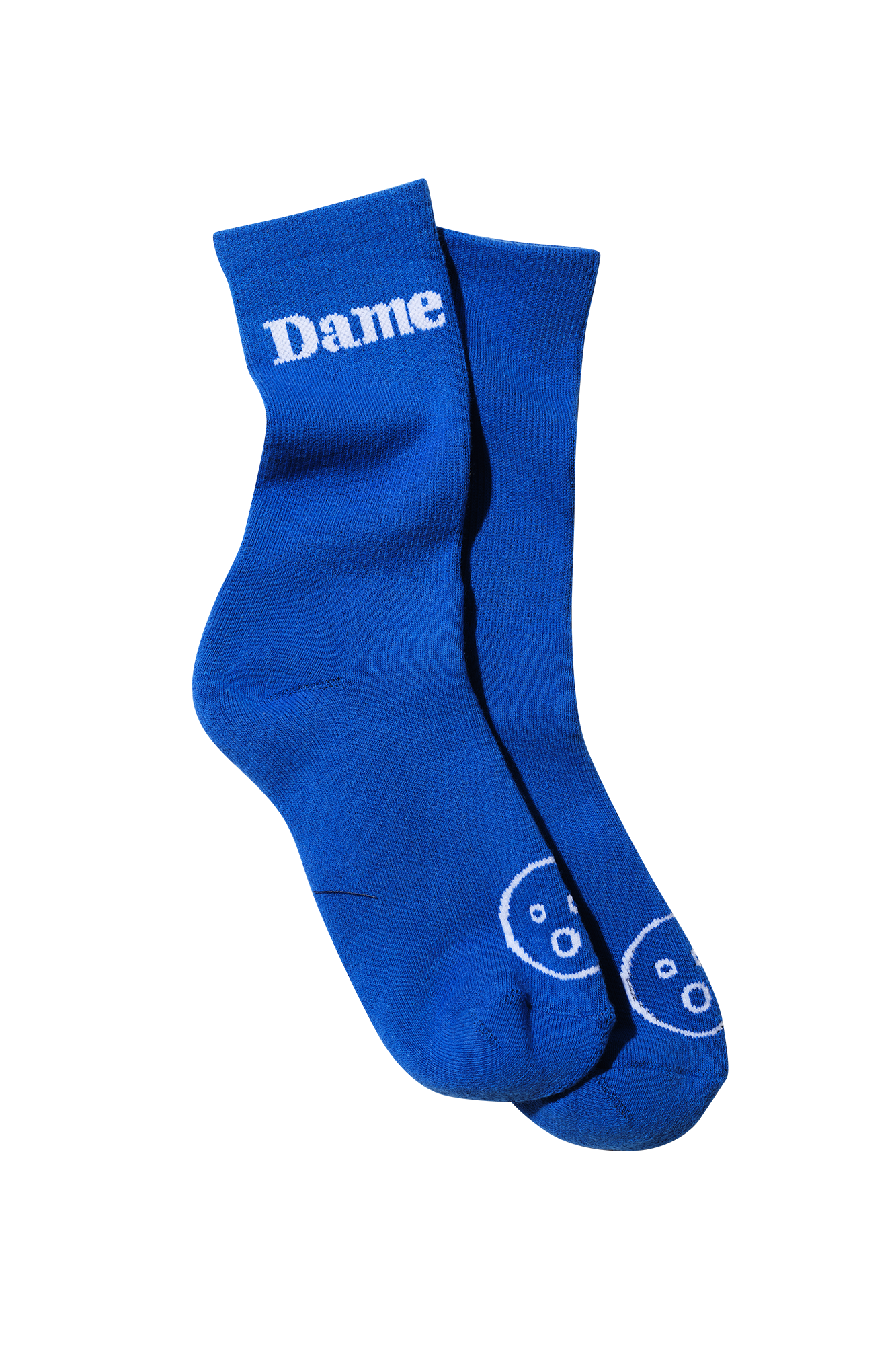 Dame Socks | Two pairs of legs, entangled, all wearing bright blue Dame Socks.