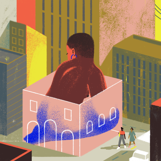 a person in a box in the middle of a city, contemplating intimacy after the pandemic