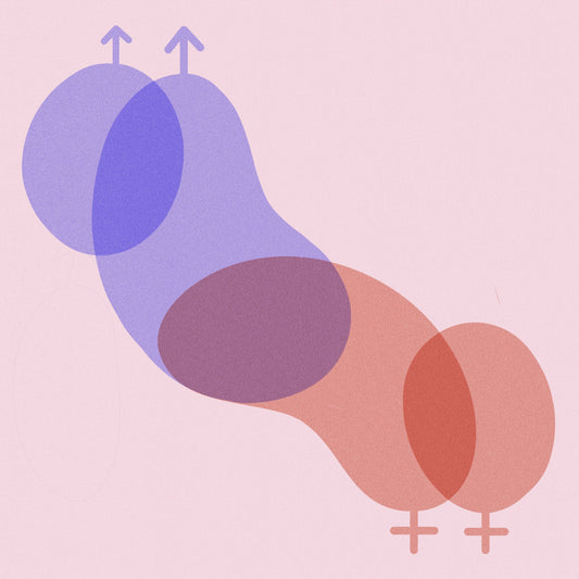 image shows ethereal purple and red round shapes against a pink backdrop with male and female symbols