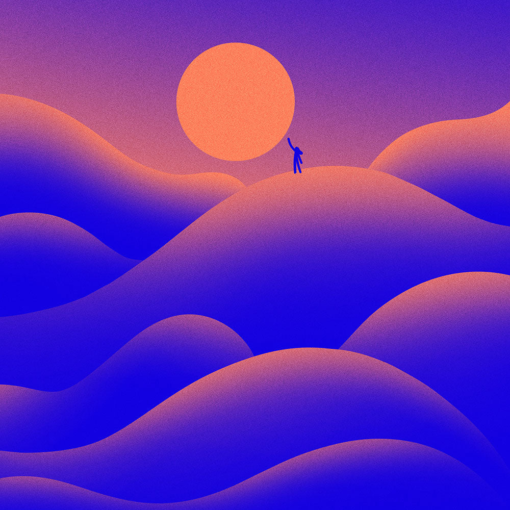 Abstract hills with person reaching for sun