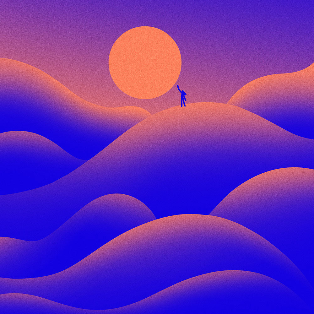 Abstract hills with person reaching for sun