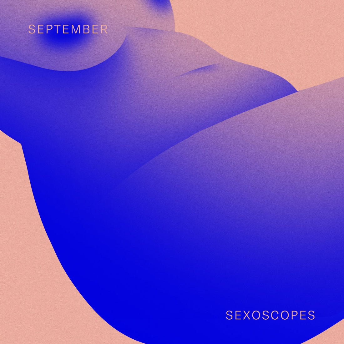 image shows a blue naked curvy torso reclined against a salmon colored backdrop with text reading "september sexoscopes"