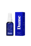 Hand + Vibe Cleaner | Seamless | A white 2floz bottle with Dame's bright blue logo on beige background.