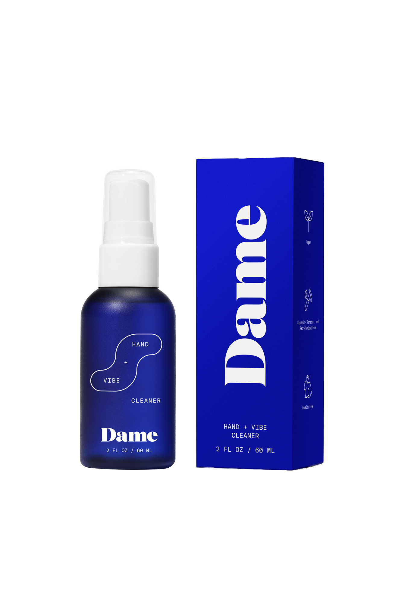 Hand + Vibe Cleaner | Seamless | A white 2floz bottle with Dame's bright blue logo on beige background.