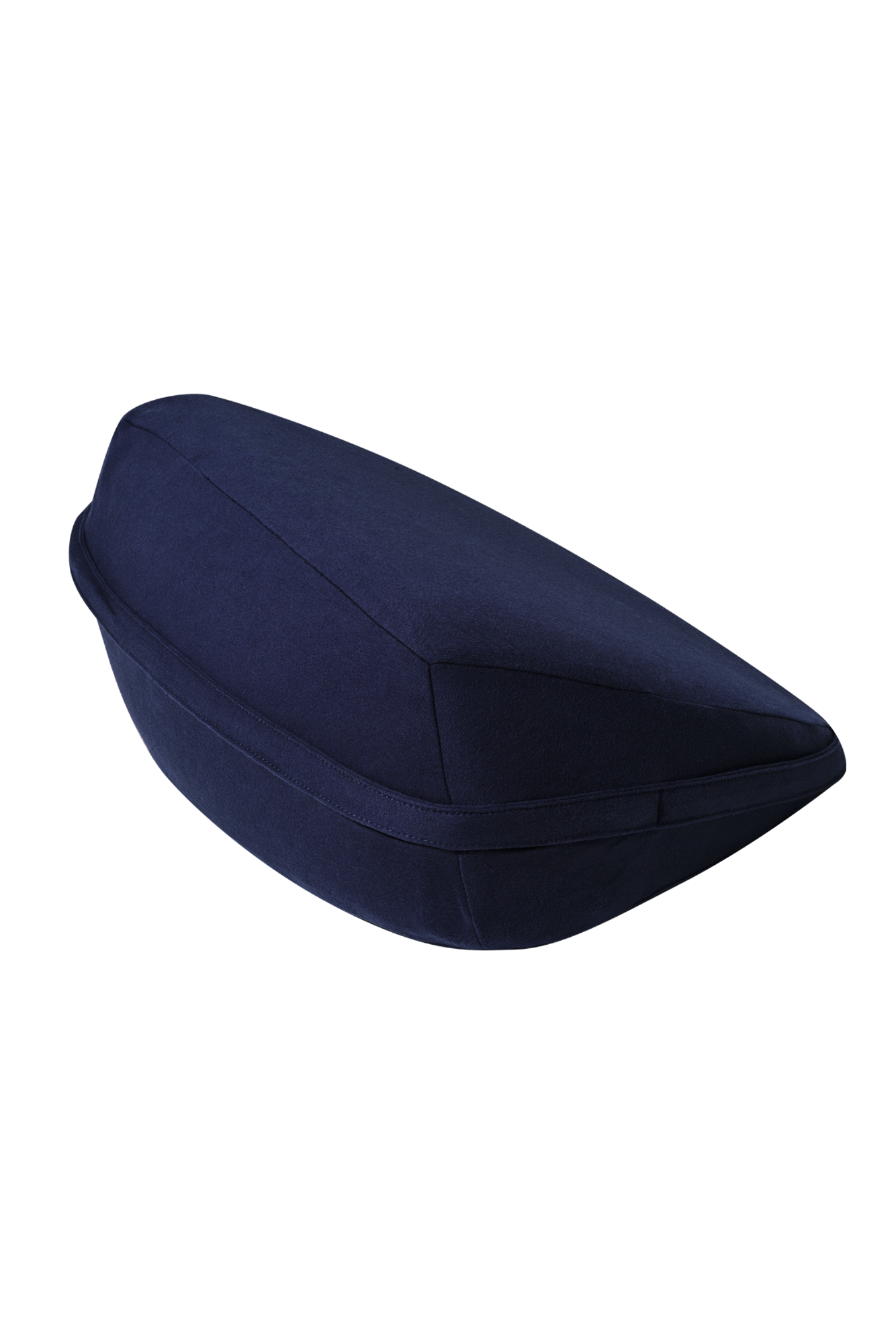 Indigo | An indigo-blue pillow, roughly square pyramid shaped, seen from the back, on off-white background.