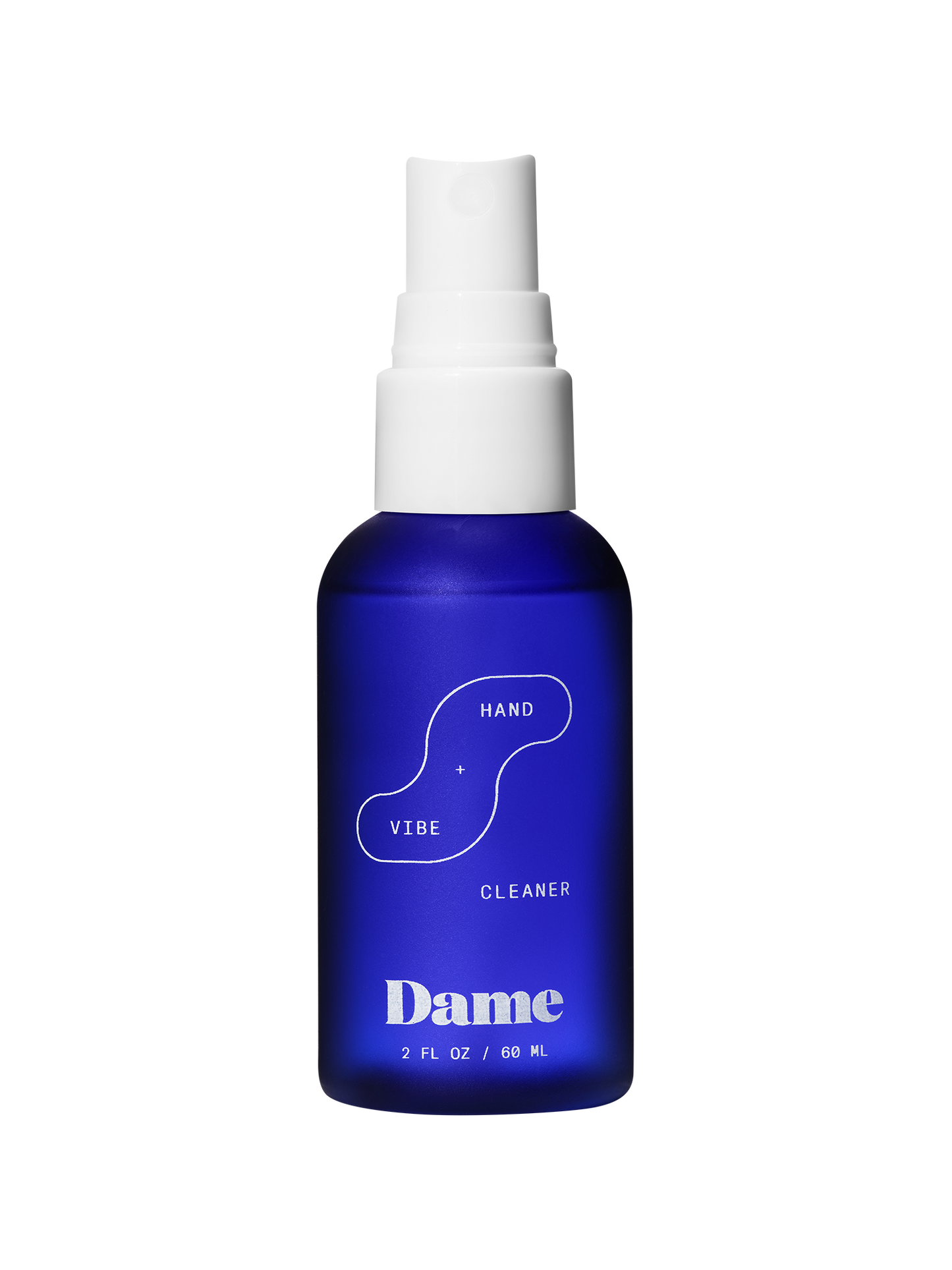 Hand + Vibe Cleaner | Seamless | Ablue 2floz bottle with Dame's bright blue logo on beige background.