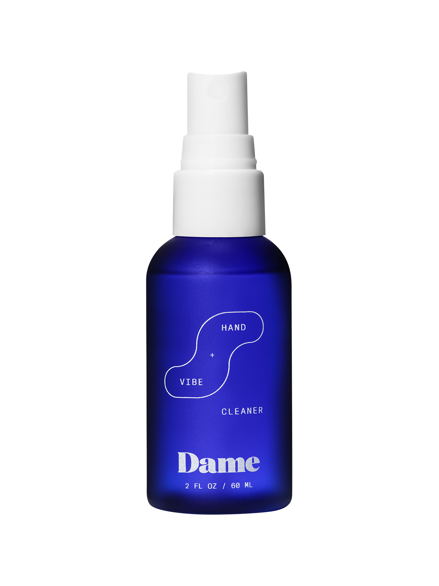 Hand + Vibe Cleaner | Seamless | Ablue 2floz bottle with Dame's bright blue logo on beige background.