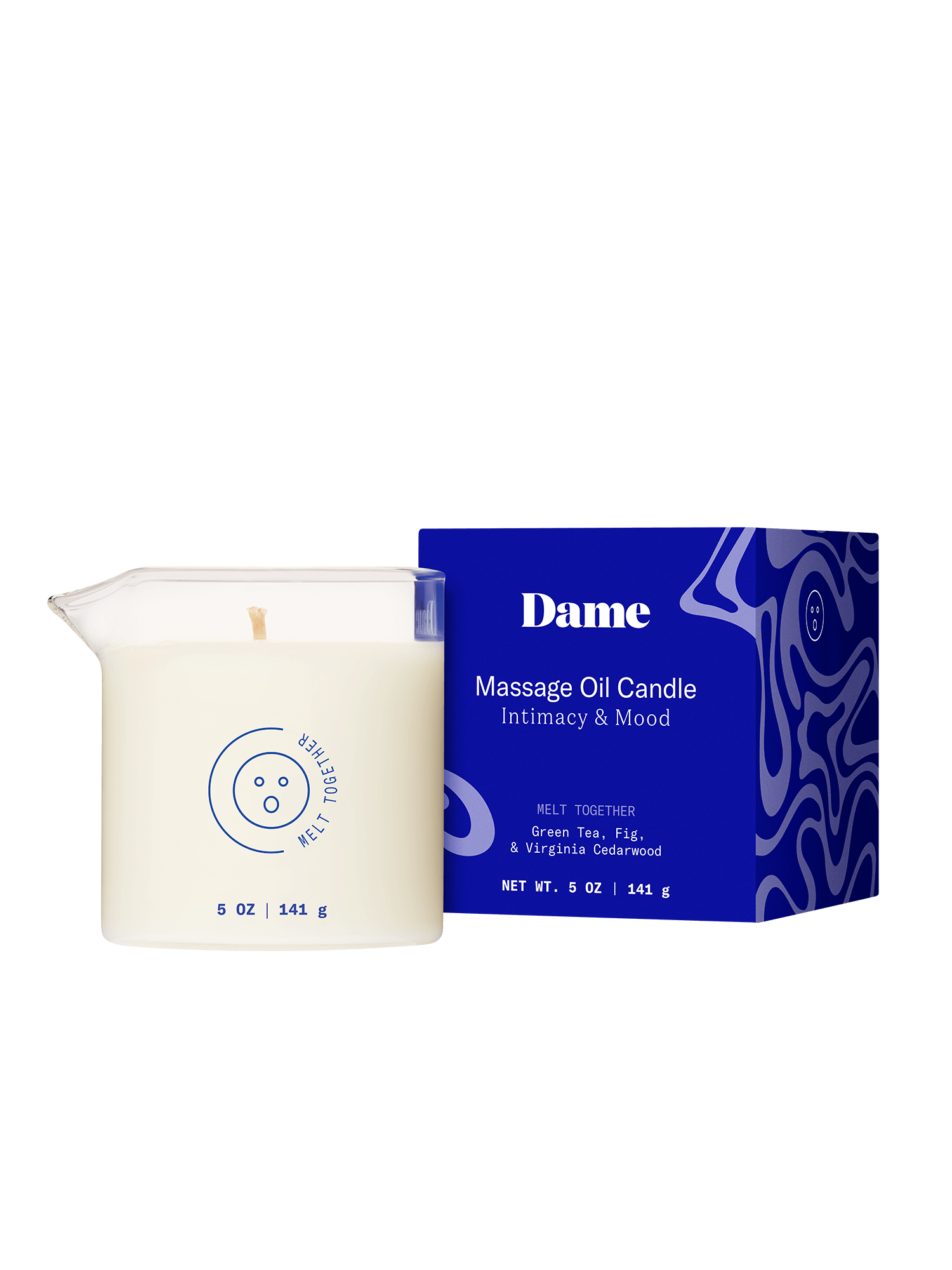 Melt Together | Dame Massage Oil Candle out of the box next to its blue packaging box