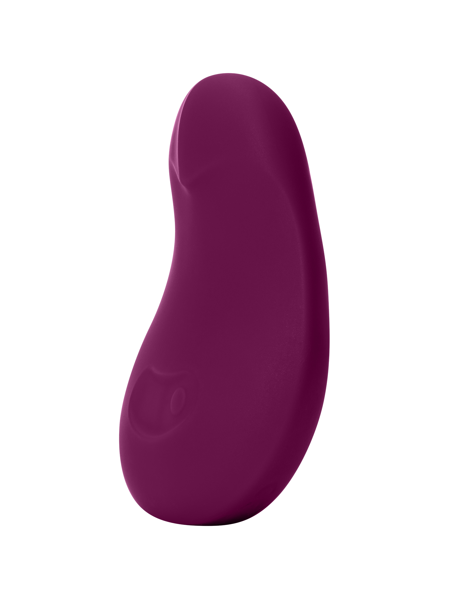 Plum | Seamless | A deep purple, pebble shaped vibrator Pom from the side on an off-white background