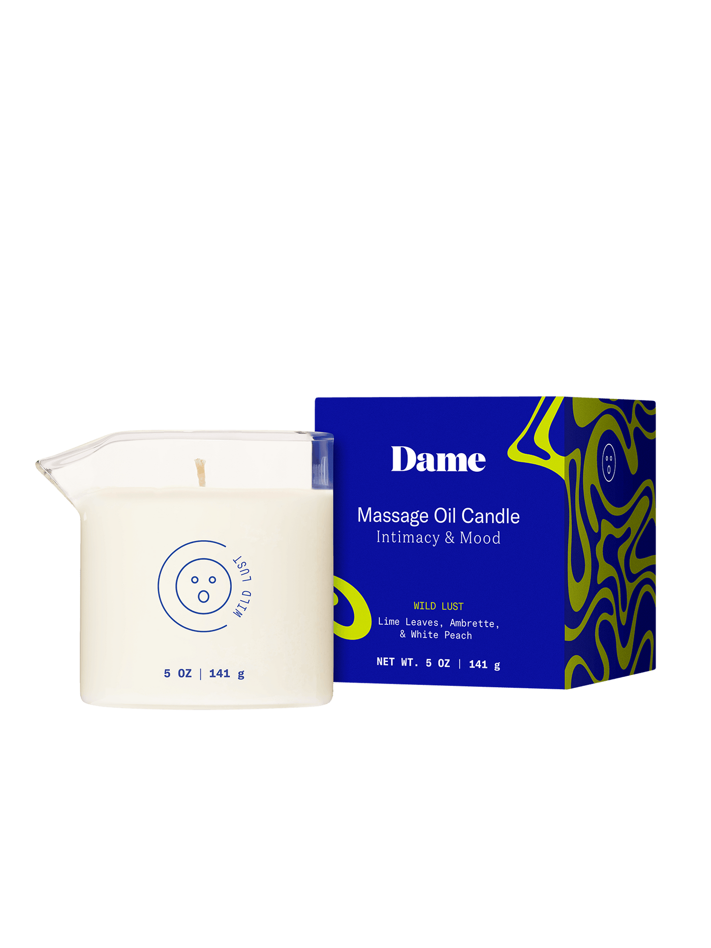 Wild Lust | Dame Massage Oil Candle out of the box next to its blue packaging box