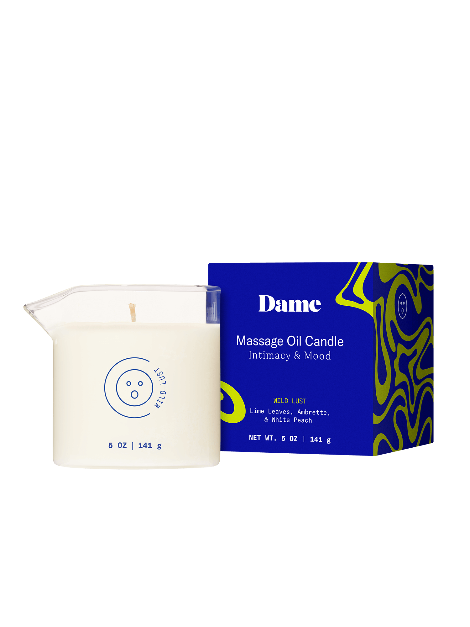 Wild Lust | Dame Massage Oil Candle out of the box next to its blue packaging box